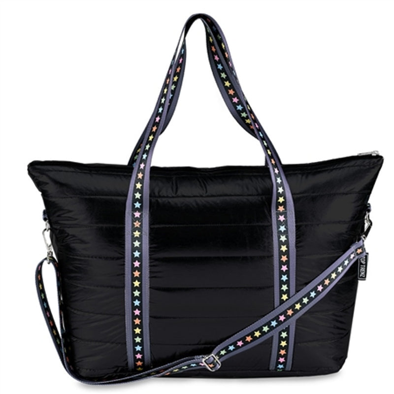 Black Puffer Weekender Tote with Multi Star Straps