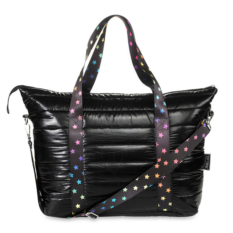 Black Puffer Weekender Tote with Scattered Star Straps