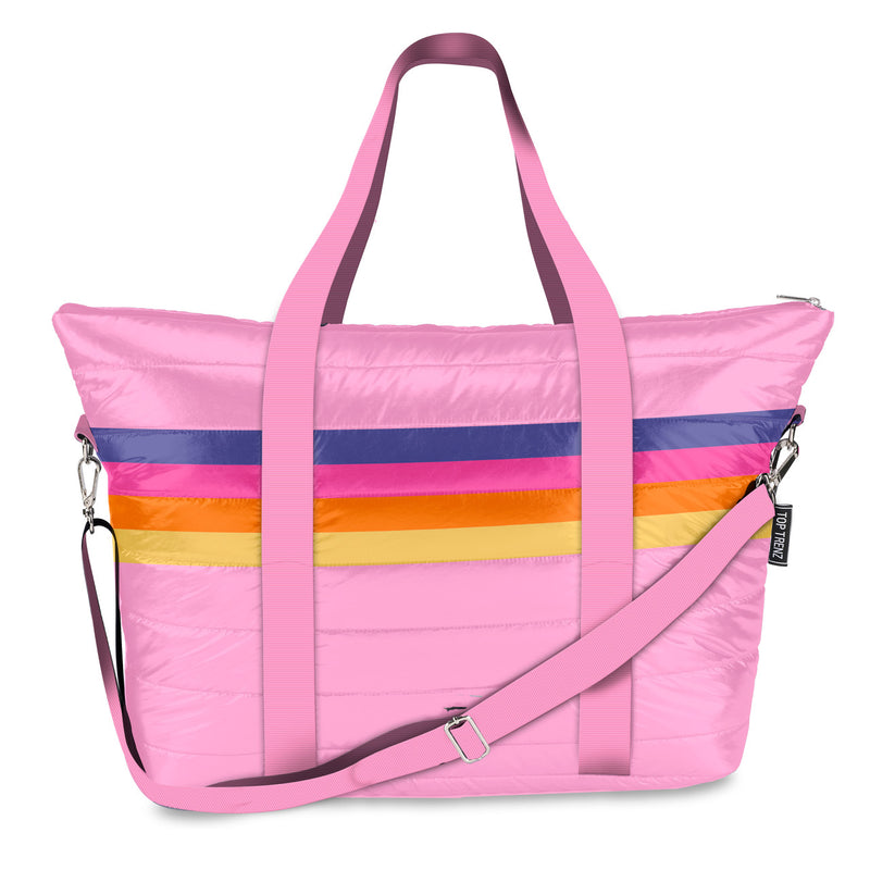 Pink Retro Stripe Puffer Weekender Tote