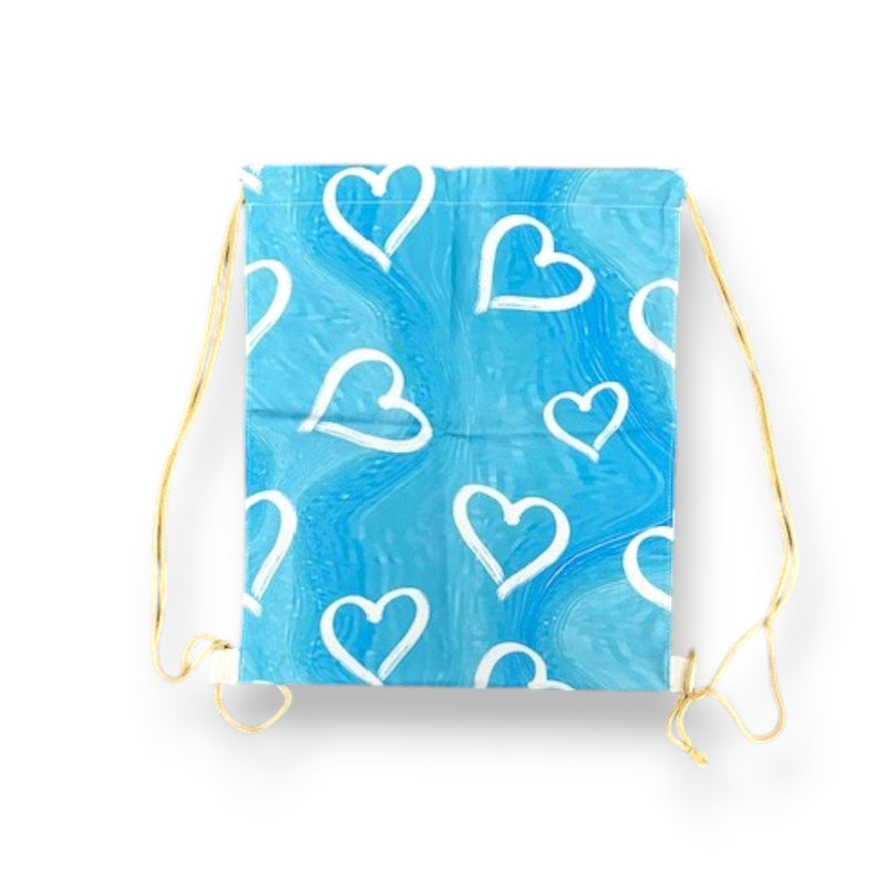 Blue Painted Hearts Drawstring Bag